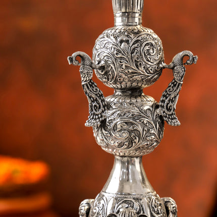 Brass Silver Plated Peacock Design Samai Oil Lamp (23.8 Inch