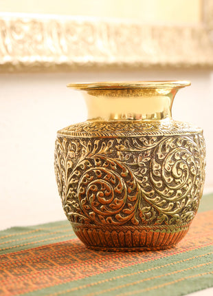 Brass Decorative Pot / Kalash – Intricately Engraved Floral Design