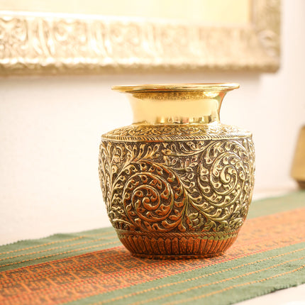 Brass Decorative Pot / Kalash Intricately Engraved Floral Design