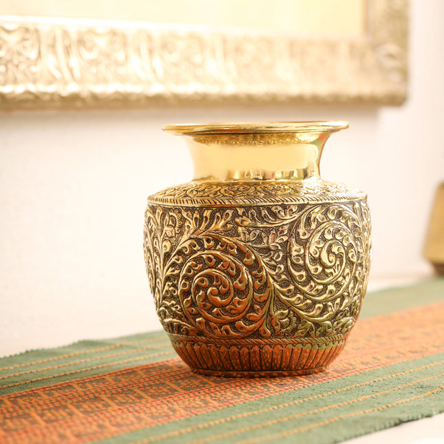 Brass Decorative Pot / Kalash Intricately Engraved Floral Design