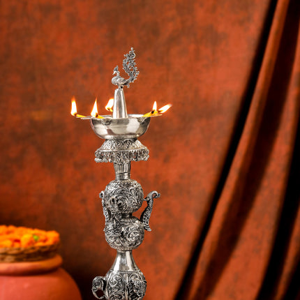 Brass Silver Plated Peacock Design Samai Oil Lamp (23.8 Inch