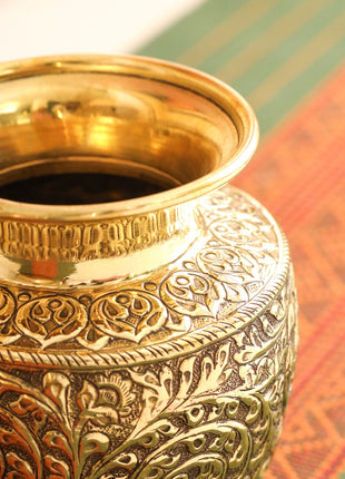 Brass Decorative Pot / Kalash – Intricately Engraved Floral Design