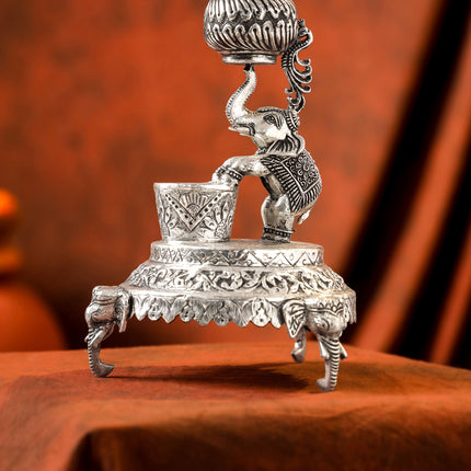Brass Silver Plated Elephant / Peacock Design Oil Lamp (14.1 Inch)