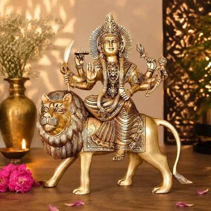 Brass Goddess Durga Sitting on Lion Superfine Idol (16.5 Inch)