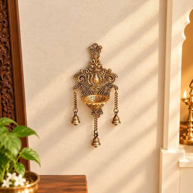 Brass Wall Hanging Lotus Diya With Bell (12.5 Inch)
