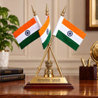 Brass National Triple Flags With Ashok Emblem and Stand (16 Inch)