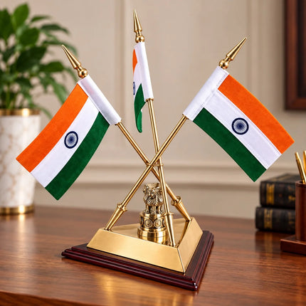 Brass National Triple Flags With Ashok Emblem and Stand (16 Inch)