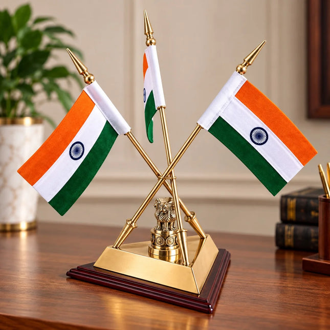 Brass National Triple Flags With Ashok Emblem and Stand (16 Inch)