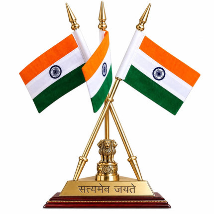 Brass National Triple Flags With Ashok Emblem and Stand (16 Inch)