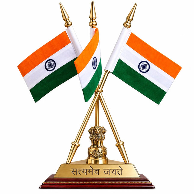 Brass National Triple Flags With Ashok Emblem and Stand (16 Inch)