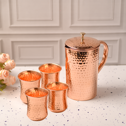 Copper Hammered Design Jug with Four Glass Set – Elegant Traditional Serveware (8.8 Inch)
