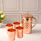 Copper Diamond Design Jug with Four Glass set – Elegant Traditional Serveware (8.8 Inch)