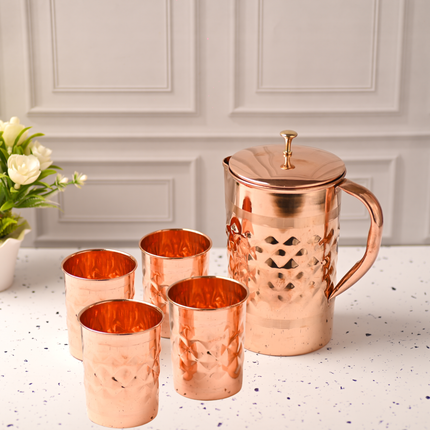 Copper Diamond Design Jug with Four Glass set – Elegant Traditional Serveware (8.8 Inch)