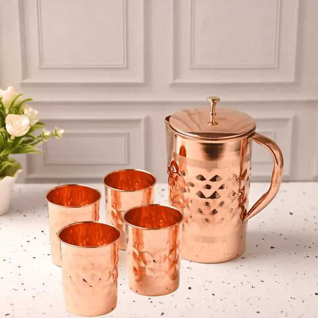 Copper Diamond Design Jug with Four Glass set (8.8 Inch)