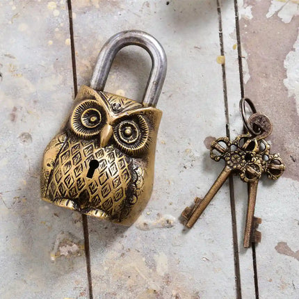 Brass Owl Door Lock With Two Brass Keys (4.7 Inch)
