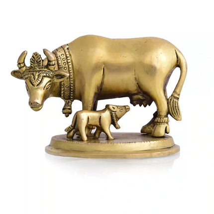 Brass Kamdhenu Cow With Calf Idol (3.5 Inch)