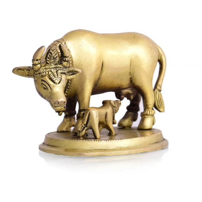 Brass Kamdhenu Cow With Calf Idol (3.5 Inch)
