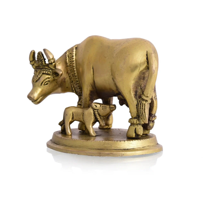 Brass Kamdhenu Cow With Calf Idol (3.5 Inch)