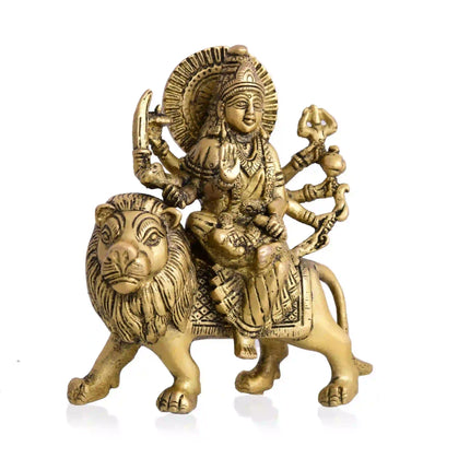 Brass Durga Idol Sitting On Loin (5.5 Inch)