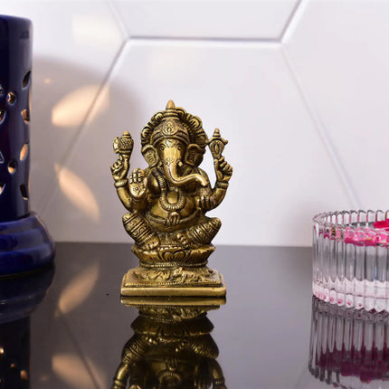 Brass Blessing Sitting Ganesha Idol (4.8 Inch)
