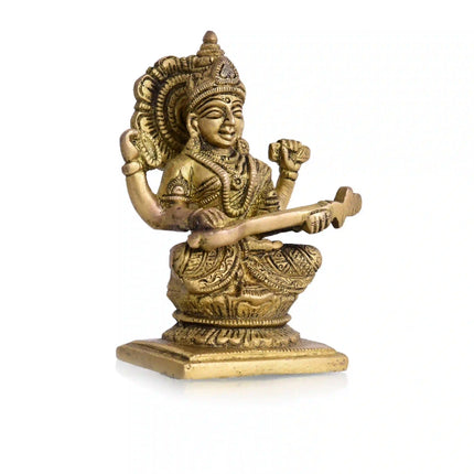 Brass Goddess Sitting Saraswati Idol (4.3 Inch)
