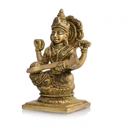 Brass Goddess Sitting Saraswati Idol (4.3 Inch)