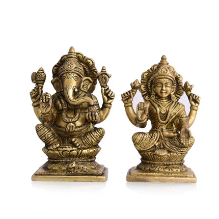 Brass Sitting Ganesha And Lakshmi Set (4.8 Inch)