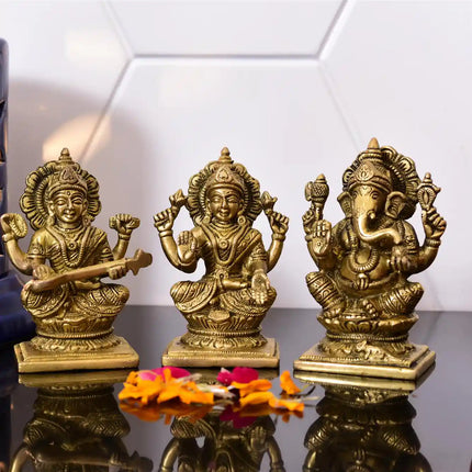 Brass Sitting Ganesha Lakshmi And Saraswati Idols