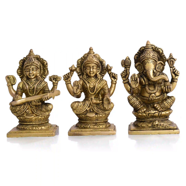 Brass Sitting Ganesha Lakshmi And Saraswati Idols