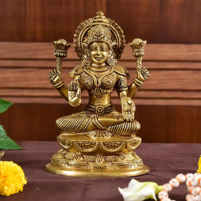 Brass Goddess Sitting Lakshmi Idol (7 Inch)