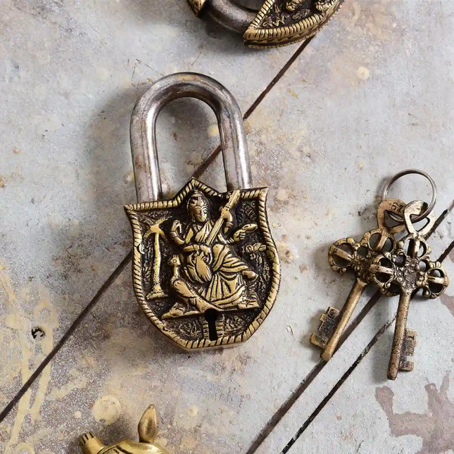 Brass Saraswati Door Lock With Two Keys (4.5 Inch)