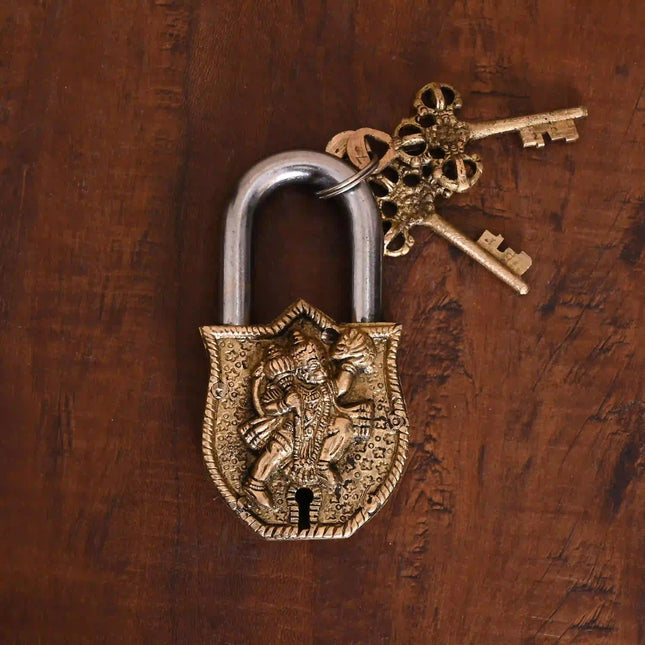 Brass Hanuman Door Lock With Three Brass Keys (4.5 Inch)