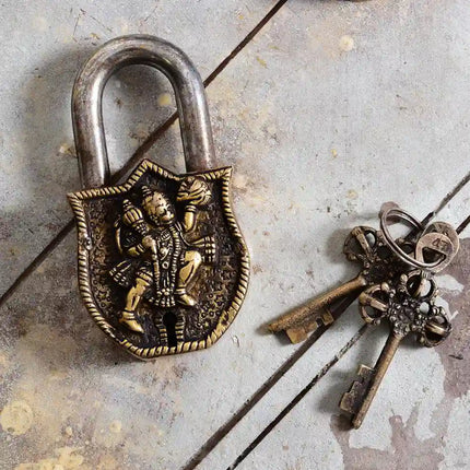 Brass Hanuman Door Lock With Three Brass Keys (4.5 Inch)