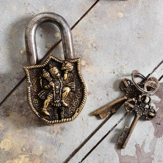 Brass Hanuman Door Lock With Three Brass Keys (4.5 Inch)