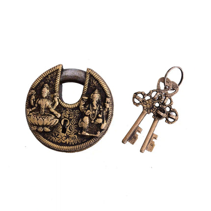 Brass Ganesha Lakshmi Round Door Lock With Three Keys (3 Inch)