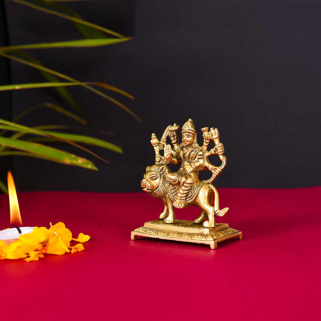 Brass Durga Devi Sitting On Lion Idol (3.5 Inch)
