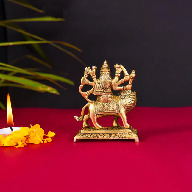 Brass Durga Devi Sitting On Lion Idol (3.5 Inch)