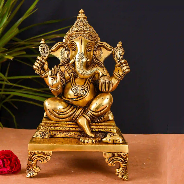 Brass Superfine Singhasan Sitting Ganesha Idol (11.5 Inch)