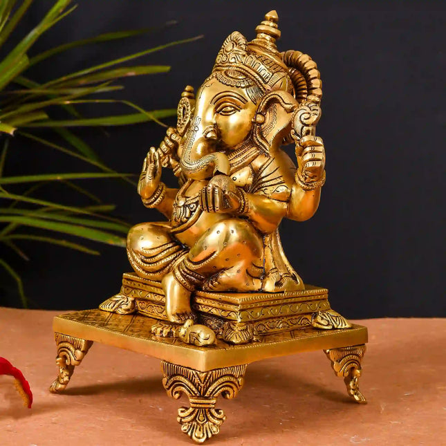 Brass Superfine Singhasan Sitting Ganesha Idol (11.5 Inch)