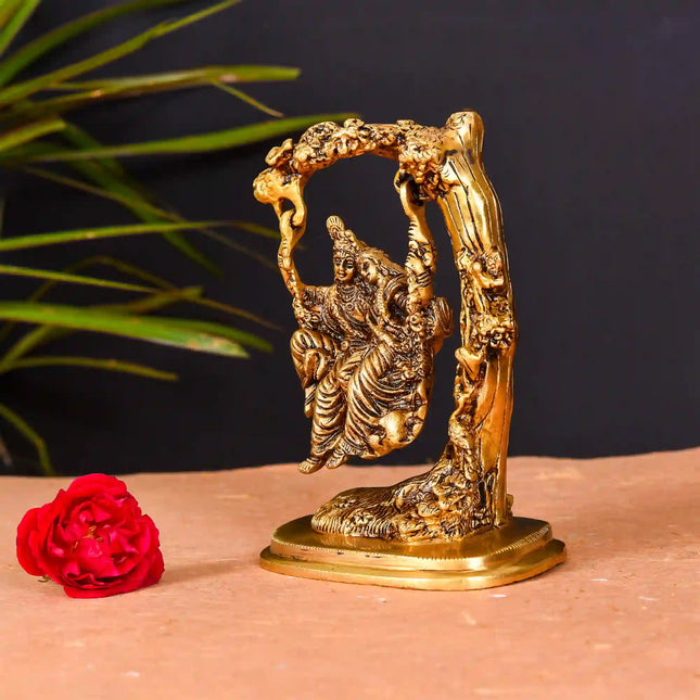 Brass Superfine Sitting Radha Krishna On Swing/Jhula (6 Inch)
