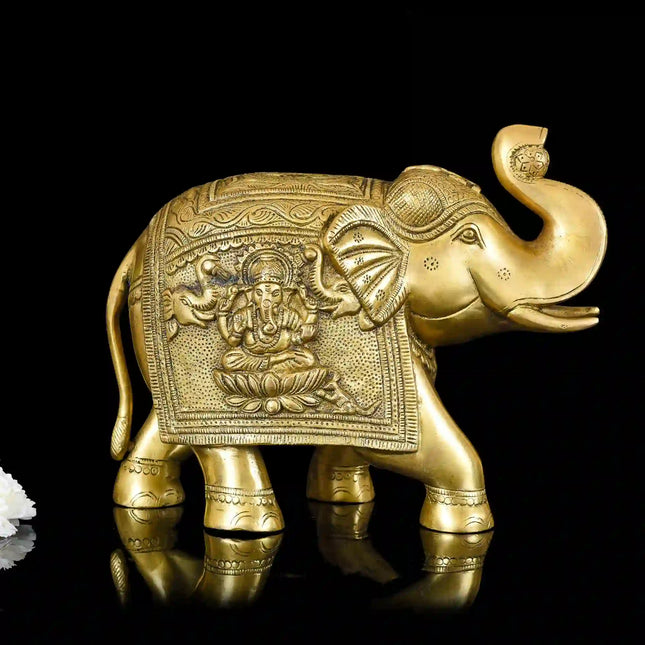 Brass Royal Elephant With Ganesha And Lakshmi Carving (8.5 Inch)