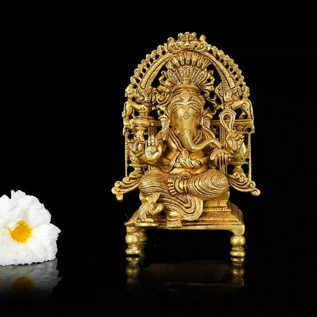 Brass Superfine Singhasan Sitting Ganesha Idol (8 Inch)