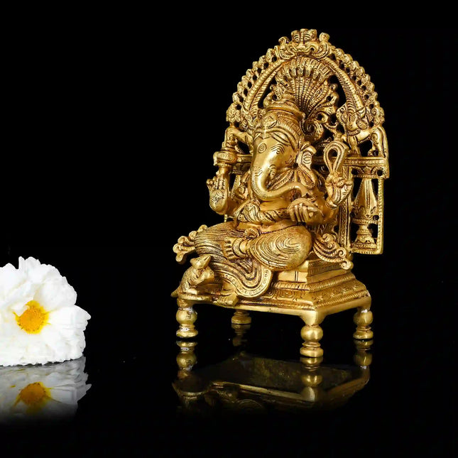 Brass Superfine Singhasan Sitting Ganesha Idol (8 Inch)