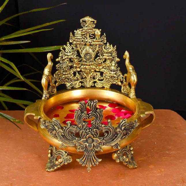 Brass Elephant Carving Urli (12.5 Inch)