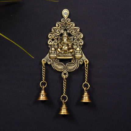 Brass Wall Hanging Ganesha In Frame With Three Bells (11 Inch)