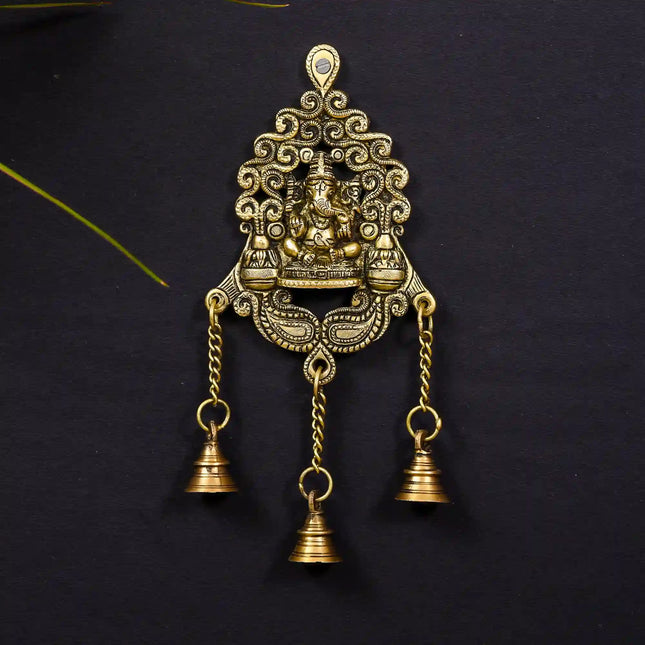 Brass Wall Hanging Ganesha In Frame With Three Bells (11 Inch)