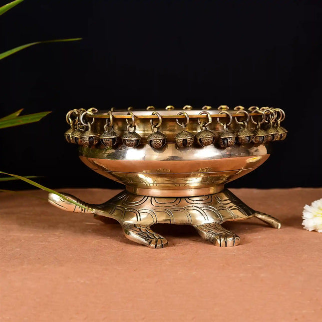 Brass Tortoise Urli With Anklet Bells (4.8 Inch)