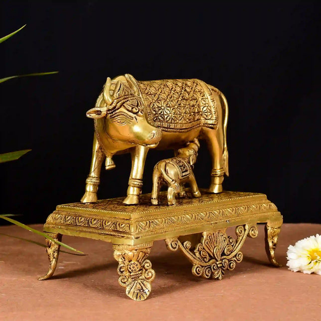 Brass Superfine Kamdhenu Cow With Calf Idol (7.5 Inch)