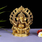 Brass Sitting Ganesha On Prabhavali Singhasan Statue (9 Inch)