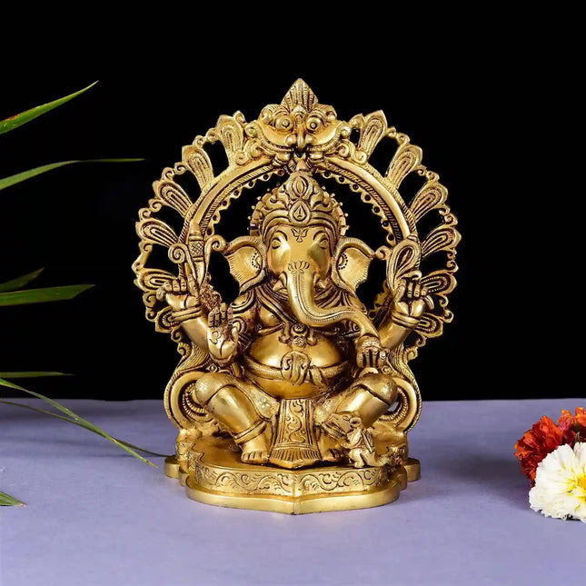 Brass Sitting Ganesha On Prabhavali Singhasan Statue (9 Inch)